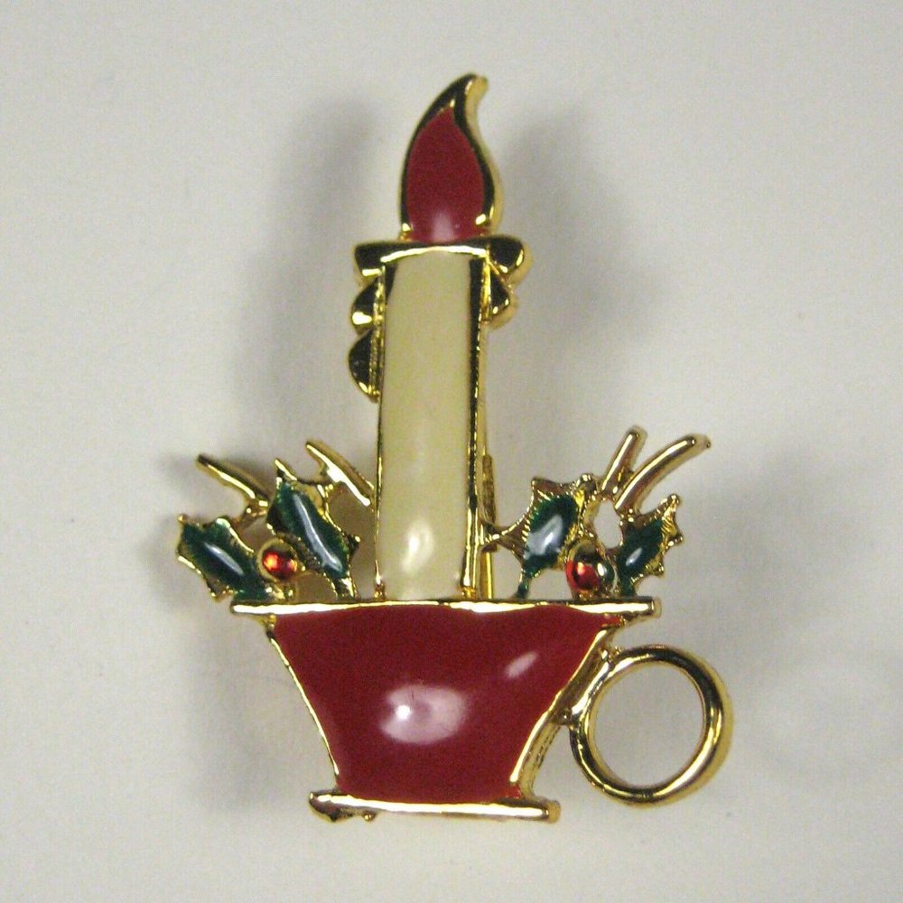 BJ Christmas Brooch Candle Goldtone 1.5 In VTG 1970-80 Green Enamel Metal White
